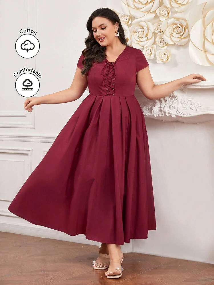 Burgundy Red Plus Size Women's Short Sleeve Dress With Front Tie Design