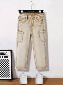SHEIN Young Boy Multi-Pocket Straight Leg Washed Khaki Denim Jeans,For Spring And Summer - Khaki - View 3