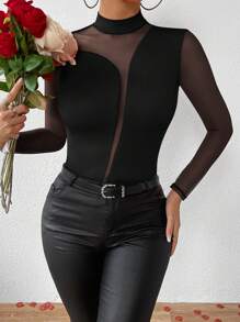 Chiquease Tricou cu mânecă lungă cu îmbinare în plasă pentru femei, cu guler vertical