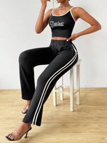 Zolique Letter Print Contrast Trim Cami Top And Straight Leg Pants - Black - View 1