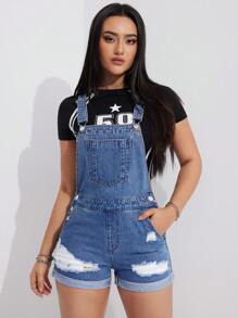 SHEIN EZwear 女式磨損牛仔工裝短褲 - 藍色 - 查看 4