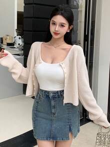 DAZY Drop Shoulder Button Placket Cardigan - White - View 2