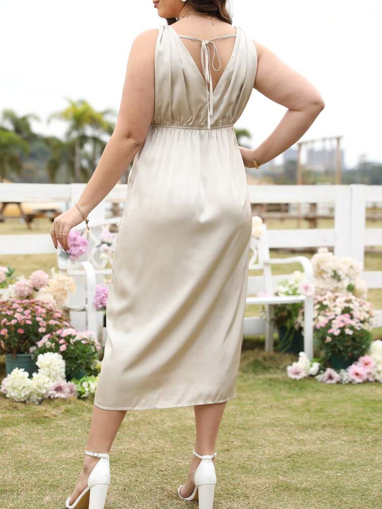 Plus Size Women's Solid Color Sleeveless Dress With Back Tied Straps And Split Hem, Wedding Guest Dress