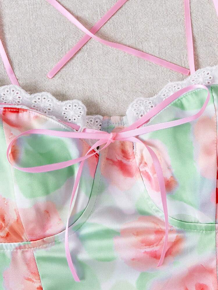 Women's Vacation Style Mint Blue Background Rose Printed Satin Camisole With Ruffle Trim And Tie Shoulder Straps