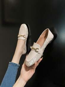 Mengshangli 女式復古風格皮質軟底低頭休閒鞋，平底低頭皮鞋，柔軟皮革，彈性鞋底，韓式英式風格鞋款 - 米色 - 查看 4