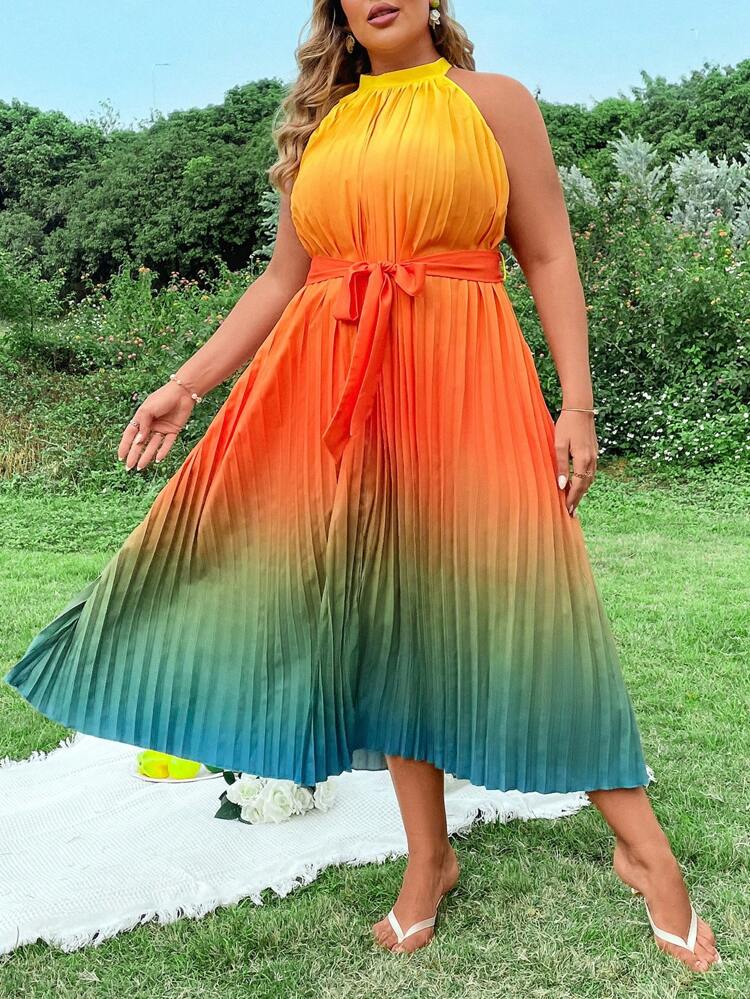 Plus Size Colorful Gradient Pleated Sleeveless Dress