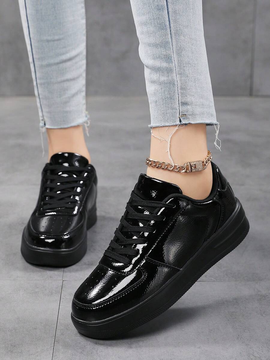 Women's Casual Sports Shoes For Spring And Autumn, With Leather Upper, Four Seasons Shoes And Lace-Up Flat Student Shoes,Sneakers For Women