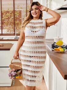 Flirla Plus Size Solid Color Hollow Out Knitted Sweater Dress - White - View 3