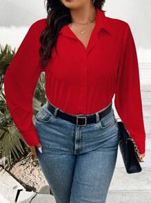 EMERY ROSE Camisa de manga larga de broche único para mujer de talla grande, ropa de Año Nuevo - Rojo - Ver 5