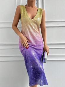 EURMUSE Gradient Sparkle V-Neck Slim Fit Split Hem Dress - Multicolor - View 2