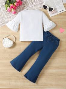 SHEIN Young Girl's Letter Print Flare Sleeve Top & Heart Patchwork Flare Denim Pants Set