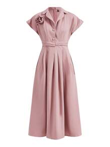 Modelyn Women'S Round Neckline Dress With 3d Flower Embellishment - Pink - View 1