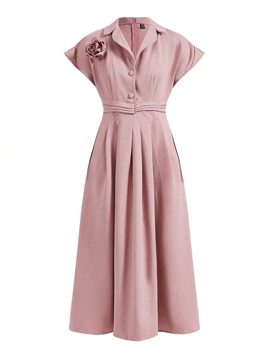 Modelyn Women'S Round Neckline Dress With 3d Flower Embellishment - Pink - View 1