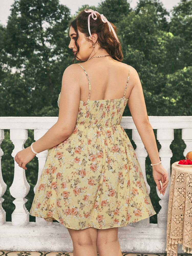 Plus Size Floral Printed 3d Flower Decor Strap A-Line Dress