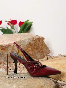 Tacones para mujer de talla grande, zapatos de tacón de aguja de punta fina, zapatos casuales y sexy para fiestas, compras y banquetes. Color vino tinto. Estilo primavera/verano. - Burdeos - Ver 3