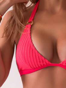 SHEIN Swim Solid Color Texture Two-Piece Bikini Set, String Bikini Set Swimwear Bathing Suit Beach Outfit Summer Vacation,Summer Beach - Hot Pink - View 4