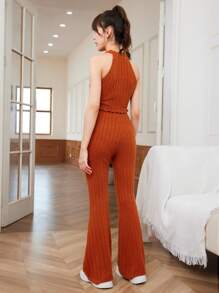 SHEIN Leap Crew Teen Girls' Rib Knit Fuzzy Texture Halter Top With Lettuce Hem And Flared Pants Set - Burnt Orange - View 2