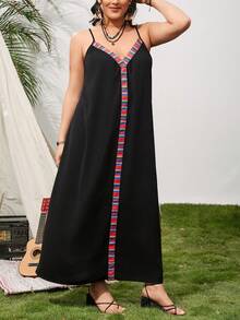 SHEIN VCAY 大尺碼條紋編織帶拼接背心裙 - 黑色 - 查看 2