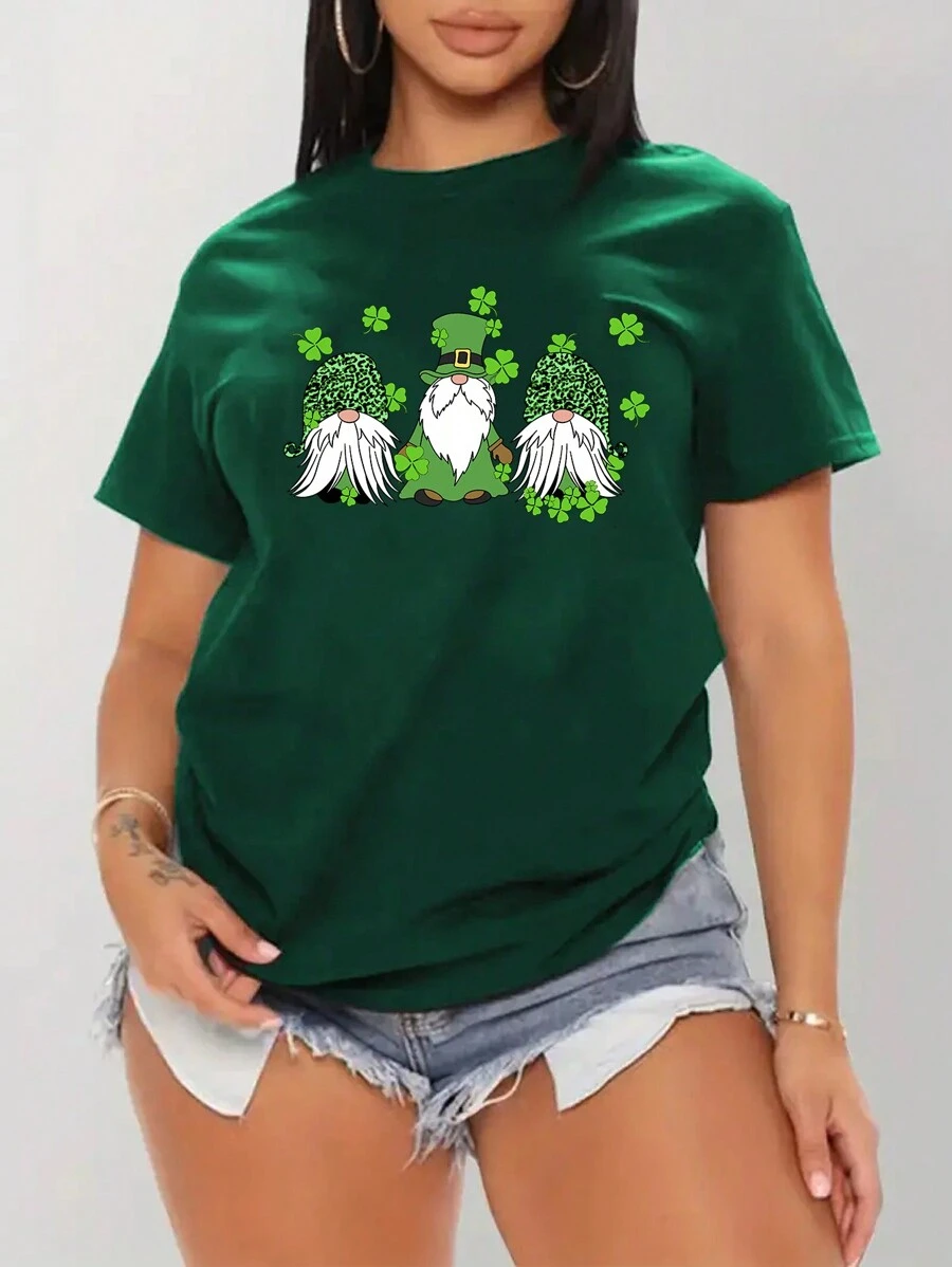 SHEIN EZwear 大尺碼聖帕特里克節地精短袖t恤 - 墨綠色 - 查看 1