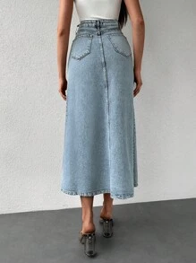 EURMUSE Slant Pocket Denim Skirt - Light Wash - View 2