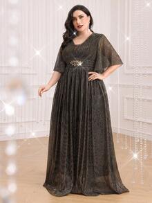 Plus Size Women Sparkling Ruffle Sleeve Long Elegant Dress - Gold - View 4