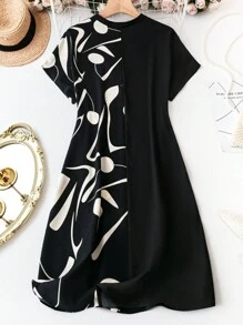 EMERY ROSE Plus Size Random Print Patchwork Notch Neckline Dress - Black and White - View 2