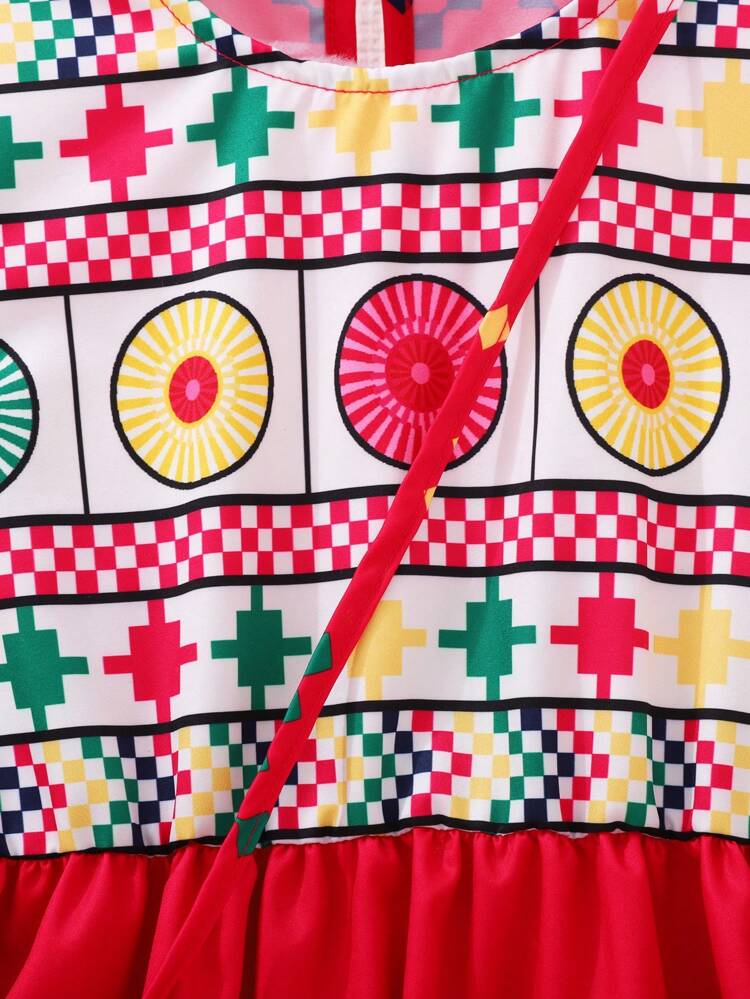 Young Girls' Geometric Printed Short Sleeve Party Dress, Summer