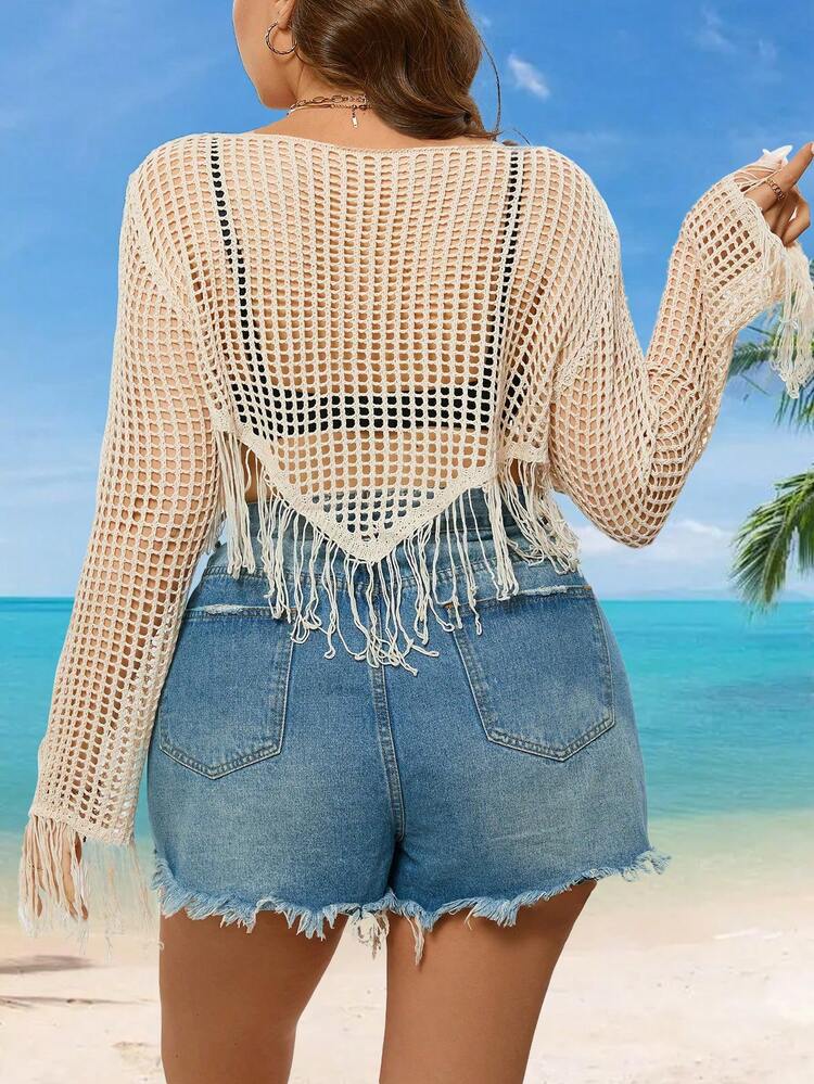 Plus Size Women's Hollow Out Knitted Sweater With Tassel Hem Fall Winter