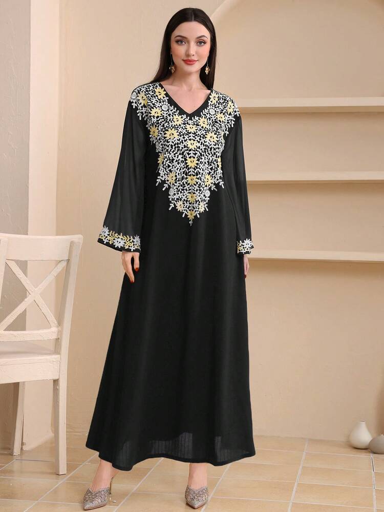 Embroidered V-Neck Flare Sleeve Arab Dress