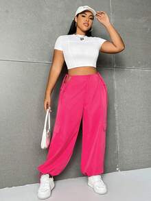 Flirla Plus Size Solid Color Hollow Out Flip Pocket Jogger Pants - Hot Pink - View 7
