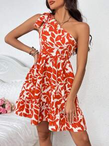 Breezaya Women's One Shoulder Sleeveless Dress With Plant Print