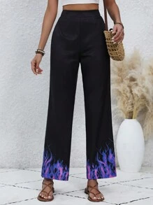 SHEIN LUNE Pantalones De Pierna Recta Con Estampado De Llama - Negro - Ver 3