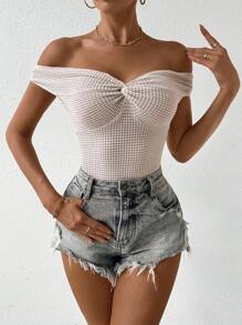 Chiquease 露肩扭紋質感連身衣 - 杏色 - 查看 5