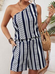 SHEIN VCAY 幾何印花單肩上衣和短褲套裝 - 藏蓝色 - 查看 3