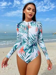 Swim SPRTY Women's Sporty Plant Printed Front Zipper One Piece Swimsuit, For Vacation, Travel, Festival, Swimming Pool, Surfing,Summer Beach