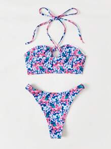 SHEIN Swim Women's Floral Print Halter Neck Bikini Set Summer Beach - Multicolor - View 2