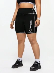 SHEIN EZwear CURVE Plus Size Mesh Letter Pattern Cycling Shorts - Black - View 3
