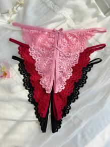 SHEIN 3pcs/Set Sexy Open Crotch Lace Panties - Assorted Colors Lingerie - Multicolor - View 3
