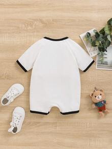 SHEIN Grenouillère De Sommeil Imprimée Mignonne D'ours Pour Bébé Garçon Avec Oreilles Patchées, Encolure Ronde À Blocs De Couleurs Et Manches Raglan - Blanc - Voir 2