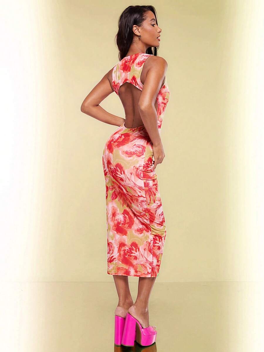 SHEIN BAE Váy không tay in hoa gợi cảm dành cho nữ với thiết kế hở lưng, thích hợp cho các buổi hẹn hò, tiệc tùng, hộp đêm, kỳ nghỉ ở bãi biển và lễ hội âm nhạc. - Nhiều màu - Xem 1