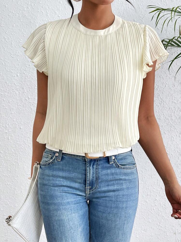Women's Solid Color Round Neck Pleated Bell Sleeve Shirt With Frill Trim