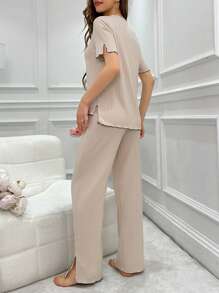 Color Block Trim Split Hem Short Sleeve Top & Pants Homewear Set Outfit - Apricot - View 2