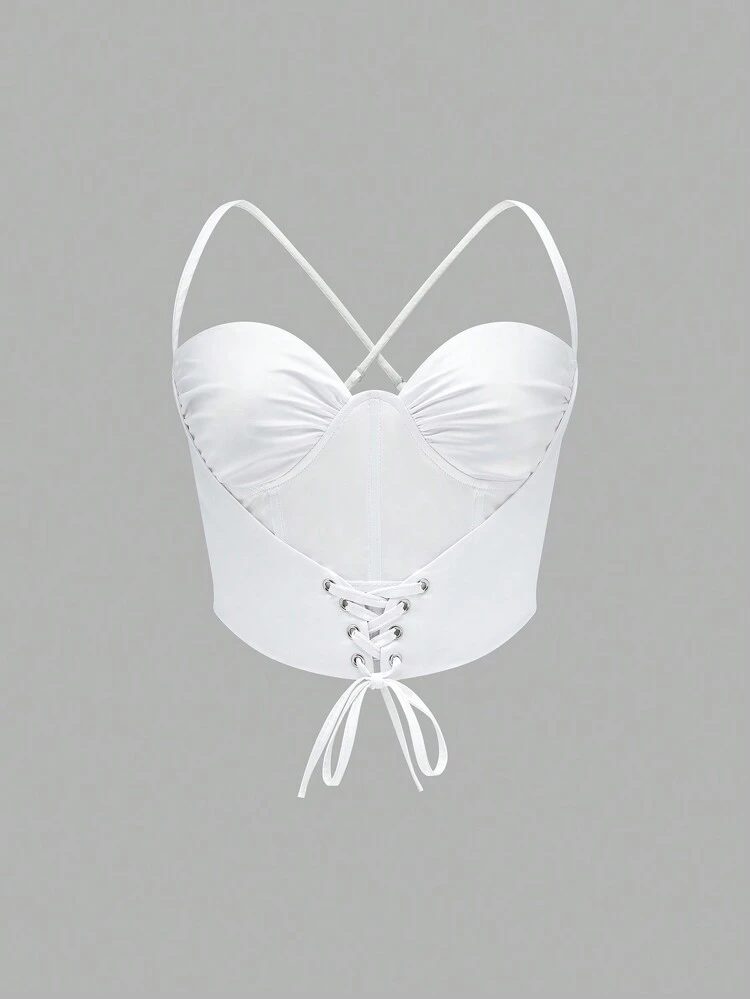 Women's Solid Color Cross Back Pleated Camisole With Tie Straps