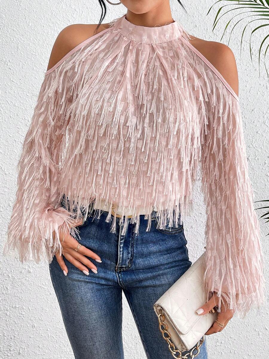 Chiquease Women's Open Shoulder Long Sleeve Fringe Top