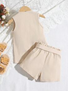 SHEIN Genkimix Kids Young Girls' Sleeveless Jacket & Bow Belt & Shorts Casual Fashion Suit For Daily Wear Summer Holiday