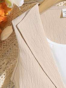 SHEIN 少女休闲时尚无袖背心（不含T恤）及蝴蝶结腰带短裤两件套，适合日常穿着和夏季假期 - 卡其色 - 查看 5