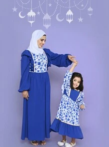 SHEIN Young Girl Floral Print Contrast Color Peter Pan Collar Ruffle Hem Long Sleeve Dress, Mommy And Me Matching Outfits (2 Pieces Sold Separately) - Blue - View 9
