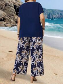 EMERY ROSE 大码纯色圆领短袖上衣和花卉印花阔腿裤，夏季 - 藏蓝色 - 查看 2