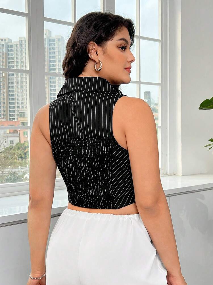 Women's Plus Size Vertical Striped Sleeveless Turn-Down Collar Shirt