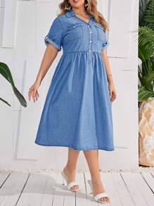 SHEIN Privé 大尺寸短袖牛仔襯衫連身裙 - 淺色水洗藍 - 查看 4